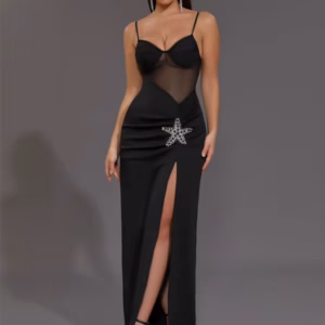 Elegant Knitted V Neck Starfish Mesh Spaghetti Strap Bandage Club Bodycon Maxi Long Dress