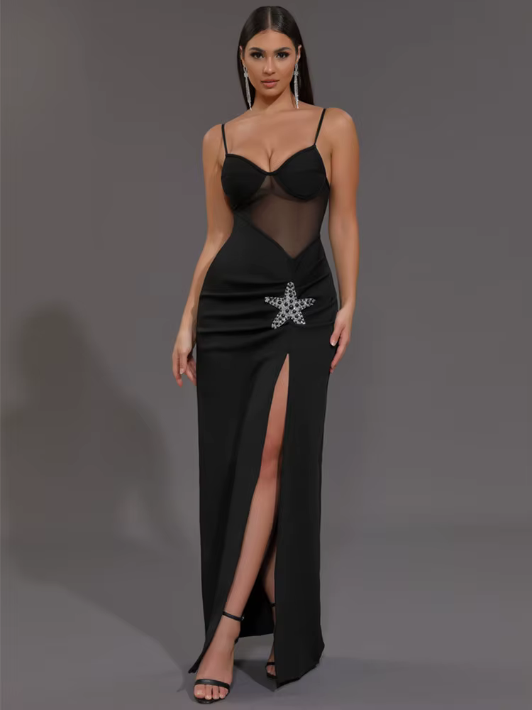 Elegant Knitted V Neck Starfish Mesh Spaghetti Strap Bandage Club Bodycon Maxi Long Dress