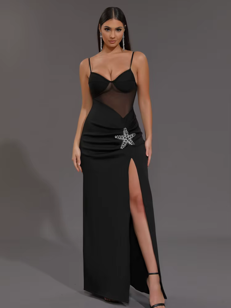 Elegant Knitted V Neck Starfish Mesh Spaghetti Strap Bandage Club Bodycon Maxi Long Dress - Image 3