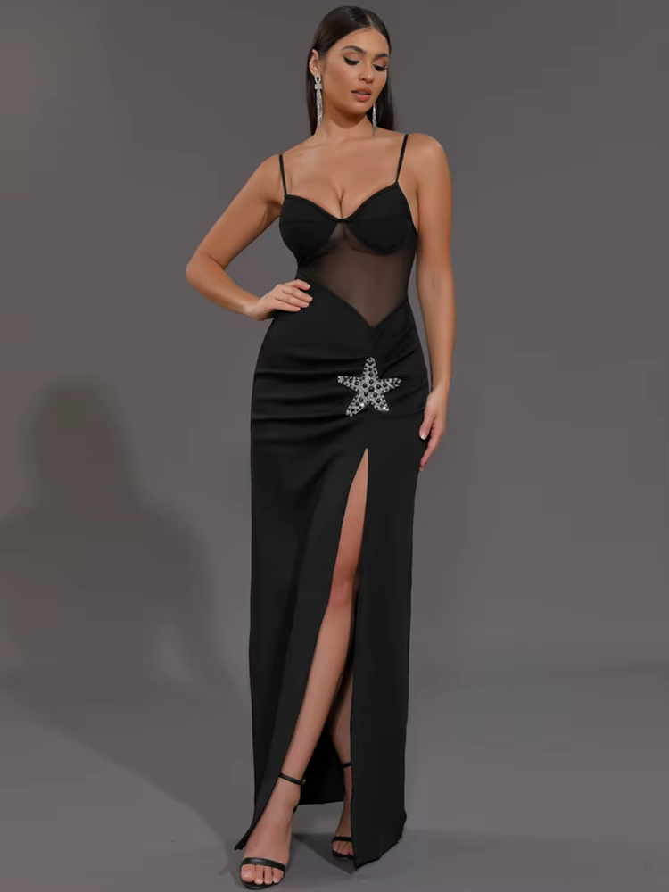 Elegant Knitted V Neck Starfish Mesh Spaghetti Strap Bandage Club Bodycon Maxi Long Dress - Image 4