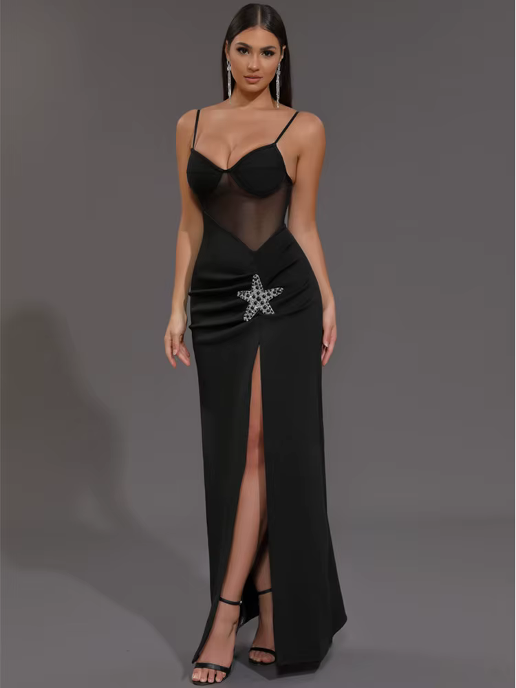 Elegant Knitted V Neck Starfish Mesh Spaghetti Strap Bandage Club Bodycon Maxi Long Dress - Image 5