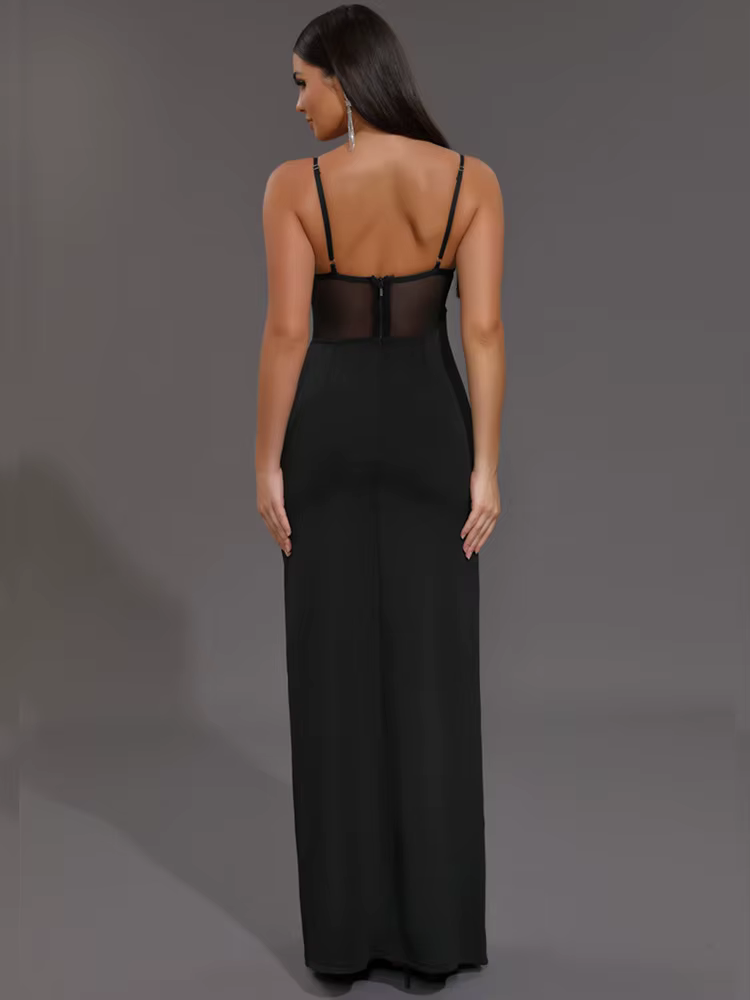 Elegant Knitted V Neck Starfish Mesh Spaghetti Strap Bandage Club Bodycon Maxi Long Dress - Image 7