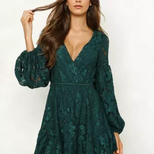 Elegant Lace Embellishment V-Neck Mini Dress With Lantern Sleeves