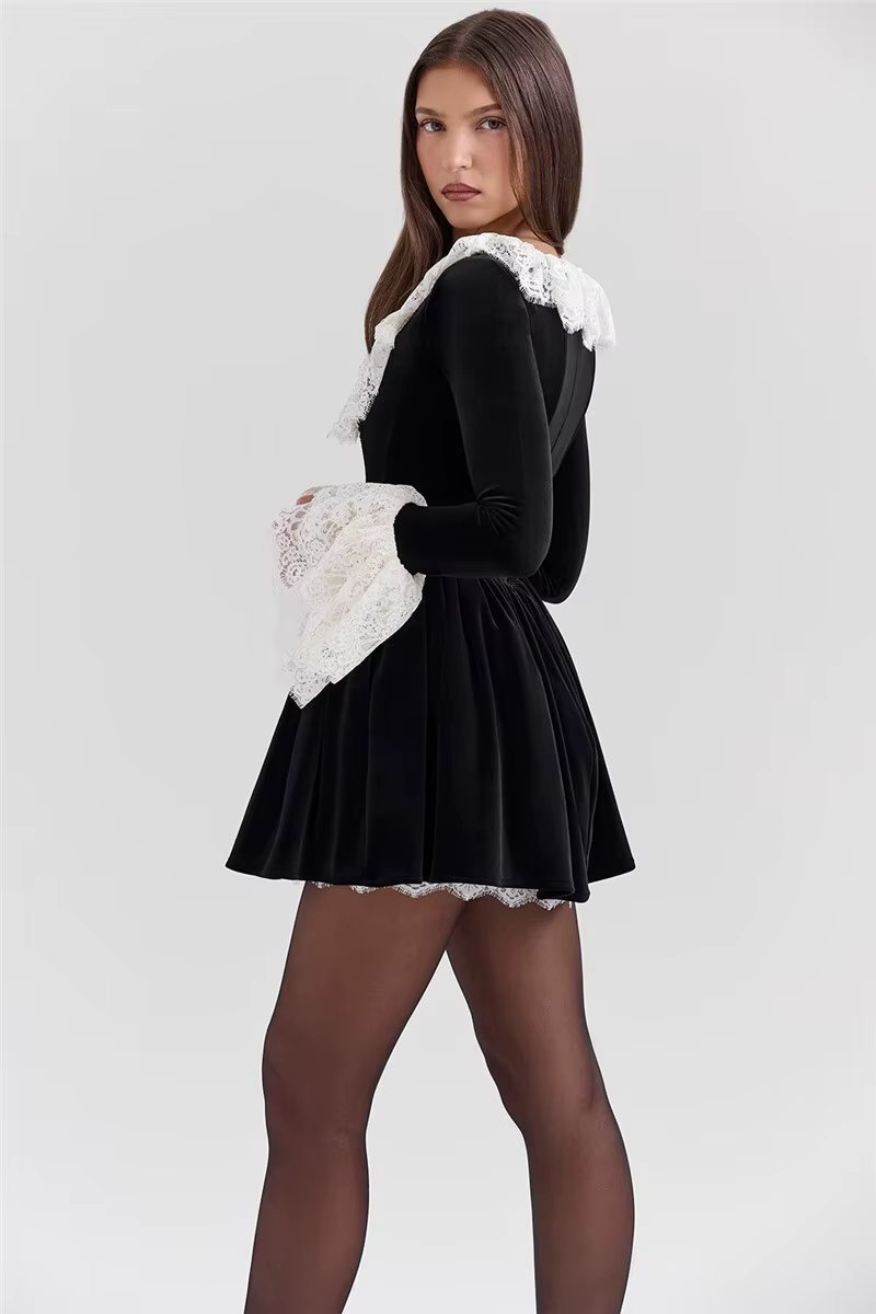 Elegant Lace Flare Long Sleeve Square Collar High Waist Pleated Mini Dress - Image 5