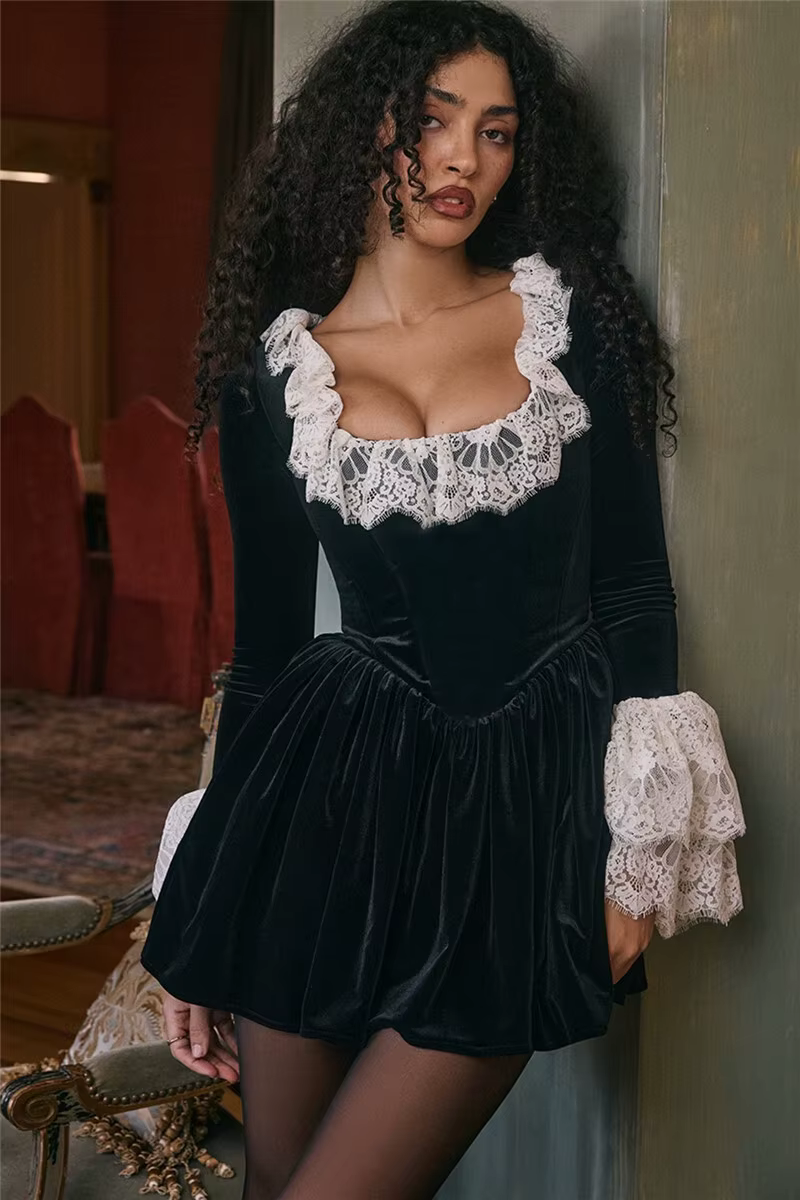 Elegant Lace Flare Long Sleeve Square Collar High Waist Pleated Mini Dress - Image 7