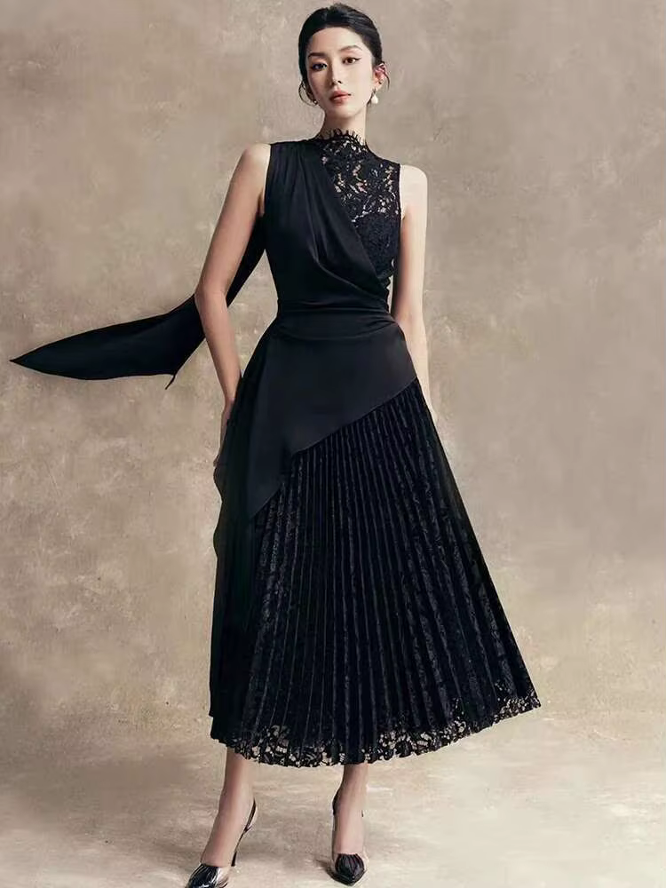 Elegant Lace Patchwork Ribbon Stand Neck Asymmetrical Pleated A-line Midi Dress