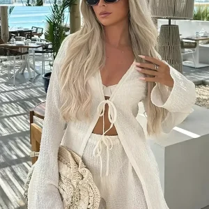 Elegant Lace up With Tie Front Top And Shorts Two-Piece Set