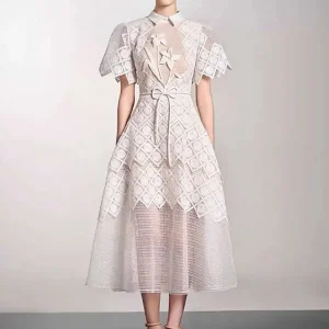 Elegant Lapel Short Sleeve Lace Patchwork 3D Flower Lace-up Party Midi Dresses