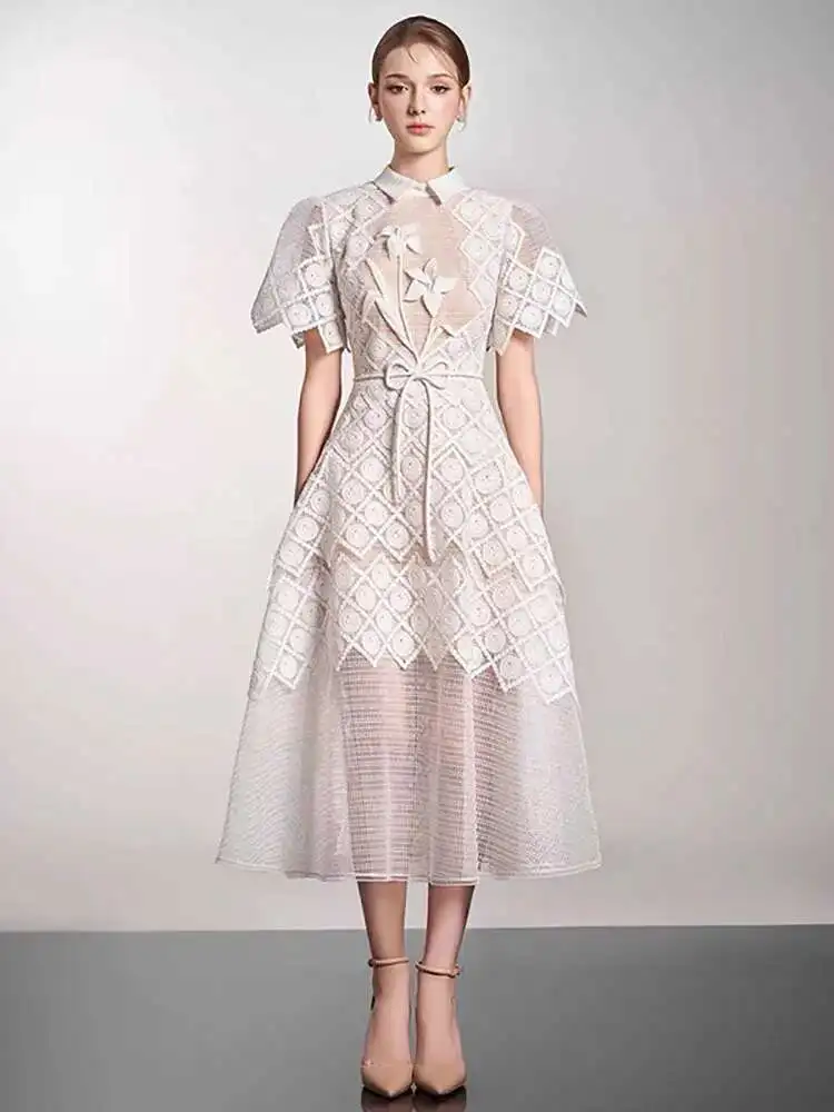 Elegant Lapel Short Sleeve Lace Patchwork 3D Flower Lace-up Party Midi Dresses