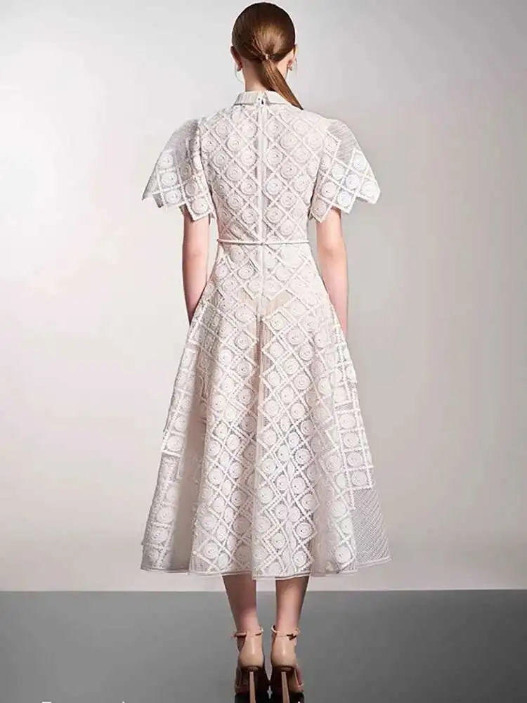 Elegant Lapel Short Sleeve Lace Patchwork 3D Flower Lace-up Party Midi Dresses - Image 3