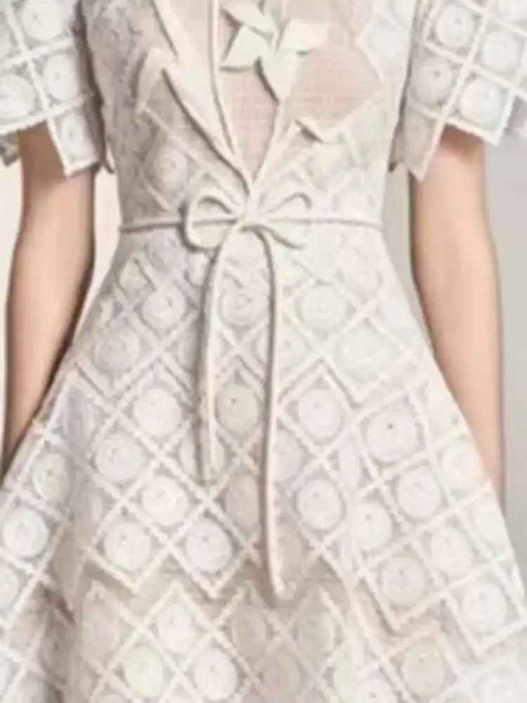 Elegant Lapel Short Sleeve Lace Patchwork 3D Flower Lace-up Party Midi Dresses - Image 4