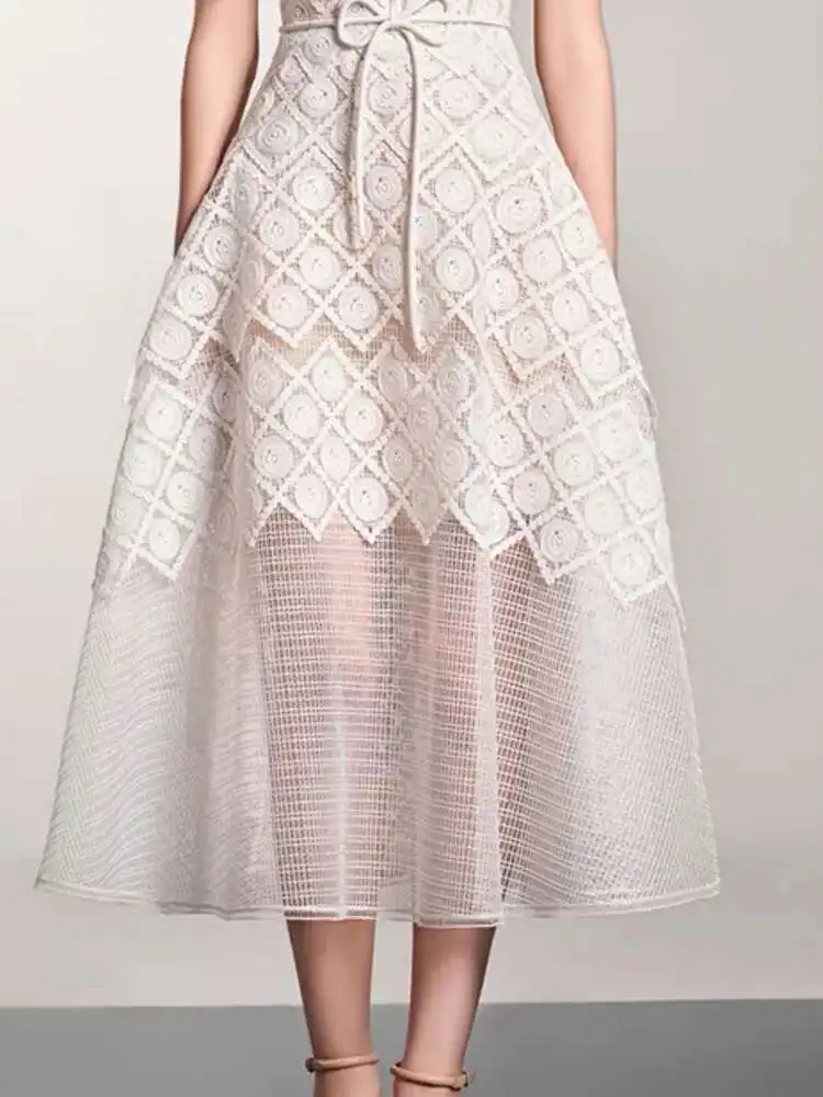 Elegant Lapel Short Sleeve Lace Patchwork 3D Flower Lace-up Party Midi Dresses - Image 5