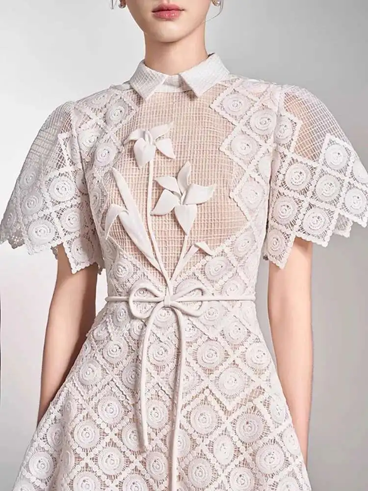 Elegant Lapel Short Sleeve Lace Patchwork 3D Flower Lace-up Party Midi Dresses - Image 6