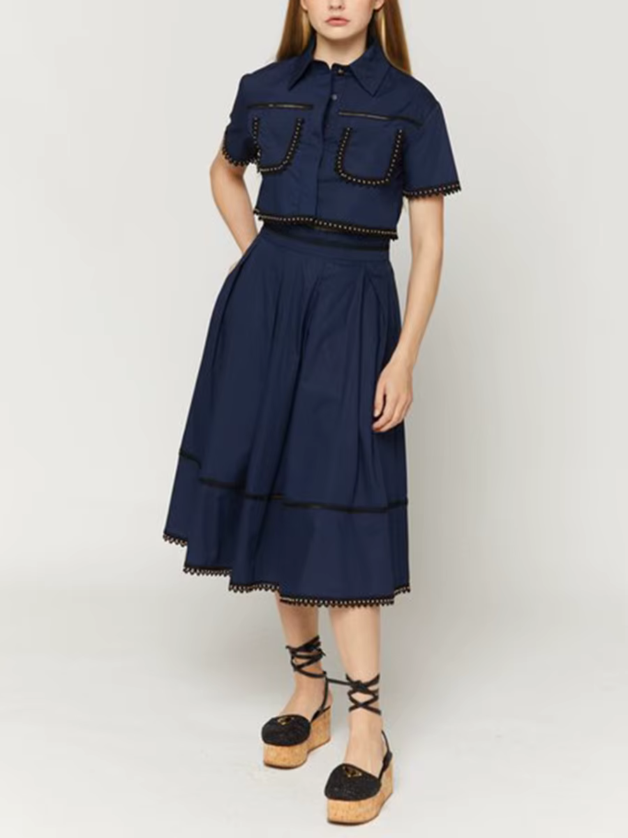 Elegant Lapel Short Sleeve Tops High Waist A-Line Skirt Two Piece Sets