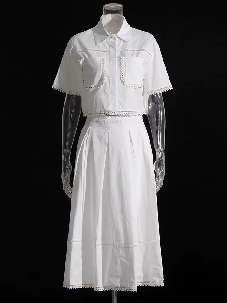 Elegant Lapel Short Sleeve Tops High Waist A-Line Skirt Two Piece Sets - Image 4