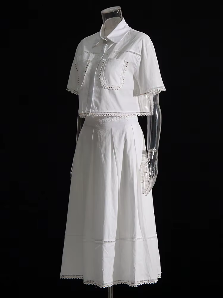 Elegant Lapel Short Sleeve Tops High Waist A-Line Skirt Two Piece Sets - Image 5