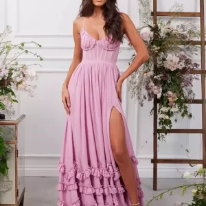 Elegant Layered Ruffles Lace up High Slit Strap Maxi Dress