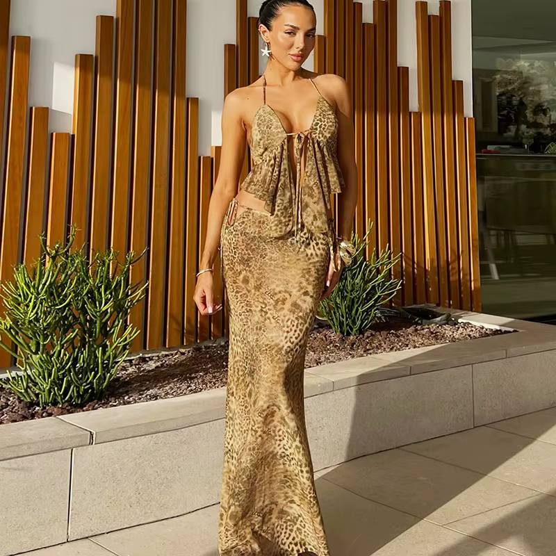 Elegant Leopard Knitted Leopard Print Backless Bandage 2 Piece Set