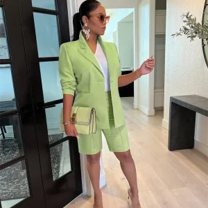 Elegant Long Sleeve Blazer Coat And Shorts Regular Fit Two Piece Outfits