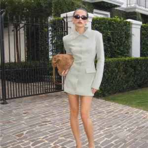 Elegant Long Sleeve Lapel Solid Single-breasted Two Pocket High Waist Blazer Dress