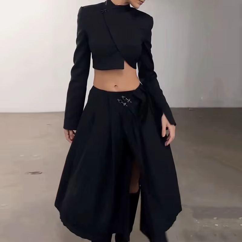 Elegant Long Sleeve Round Neck Irregular Top Loose Slit Midi Skirt Two Piece Set