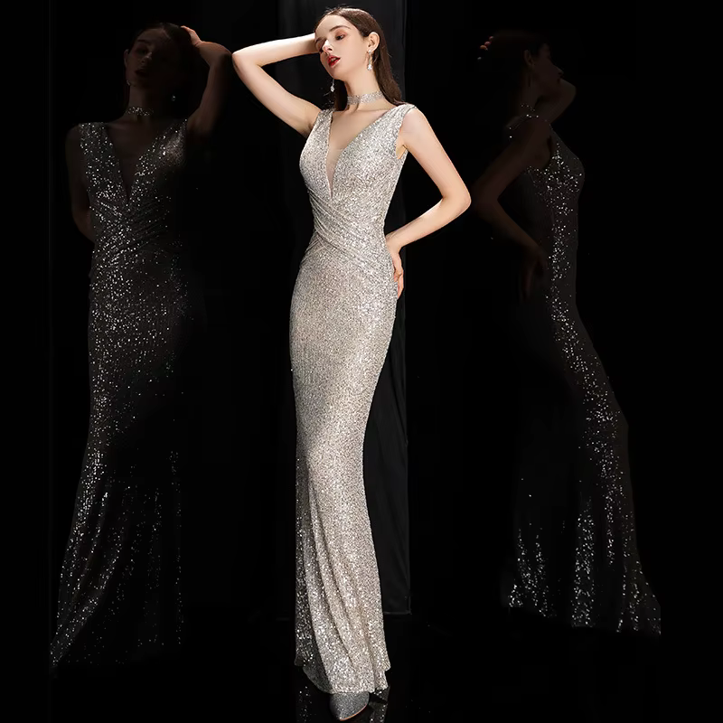Elegant Mermaid Formal V-Neck Sequin Evening Bodycon Maxi Dress - Image 3