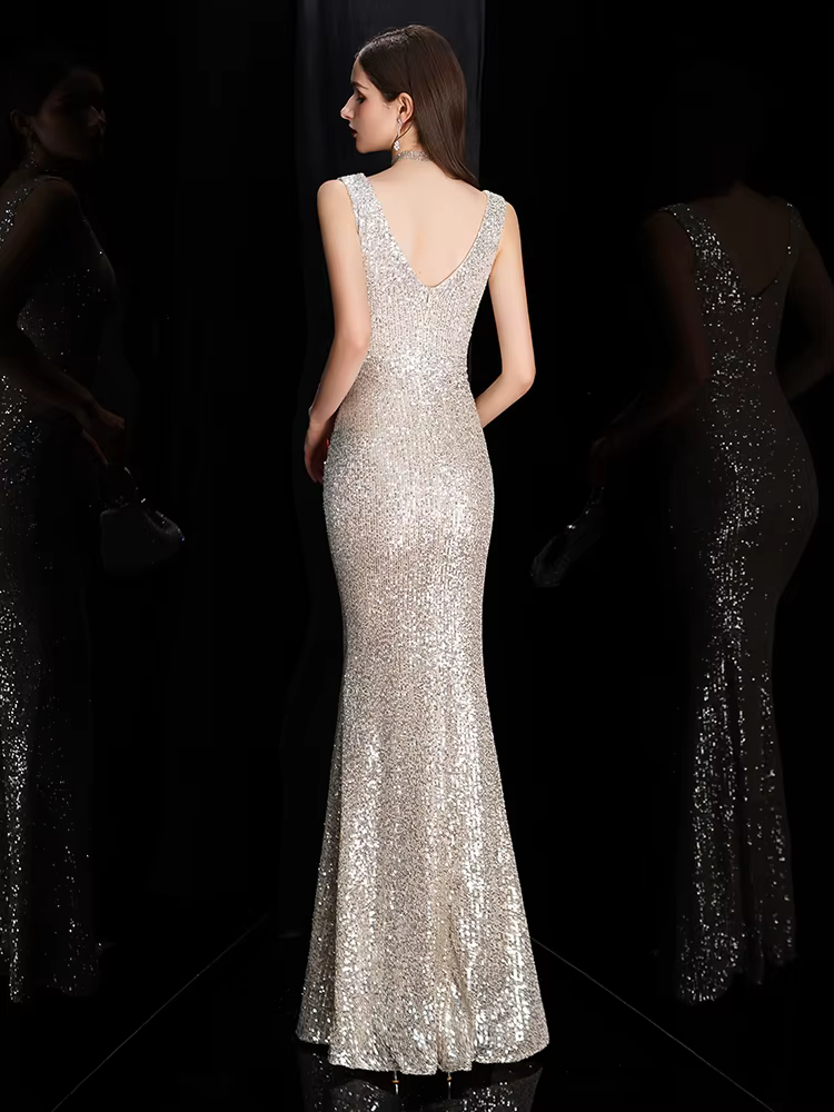 Elegant Mermaid Formal V-Neck Sequin Evening Bodycon Maxi Dress - Image 6