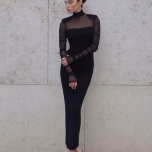 Elegant Mesh Patchwork Full Sleeve See Through Turtle Neck Maxi Dress
