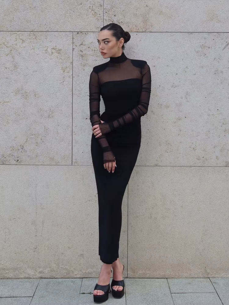 Elegant Mesh Patchwork Full Sleeve See Through Turtle Neck Maxi Dress