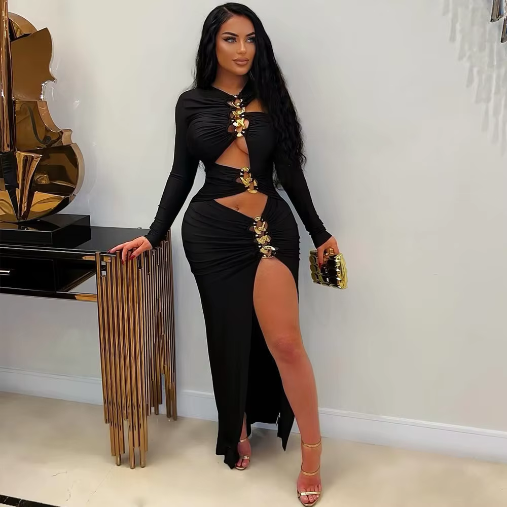 Elegant Metal Decoration Hollow Irregular Full Sleeve High Split Birthday Maxi Dresses