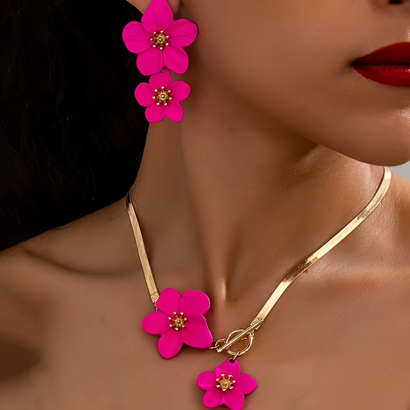 Elegant Metal Flower Pendant Necklace and Earrings Jewelry Sets