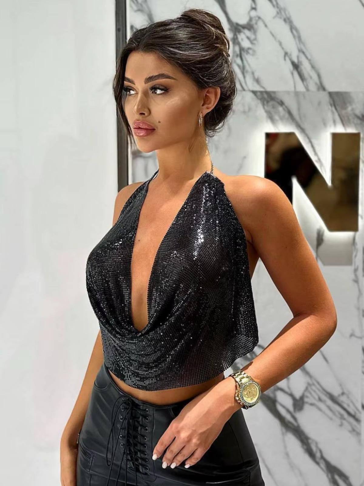 Elegant Metallic Sequins Backless Deep V Neck Halter Hollow Out Crop Top