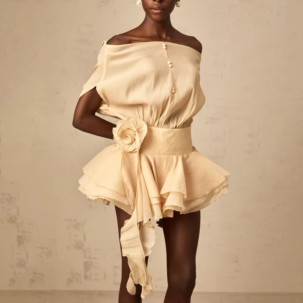 Elegant Neck Sleeveless Patchwork 3D Flower Loose Spliced Ruffles Mini Dress