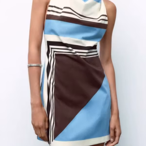 Elegant Neck-mounted Sleeveless Contrast Striped Poplin Mini Dress