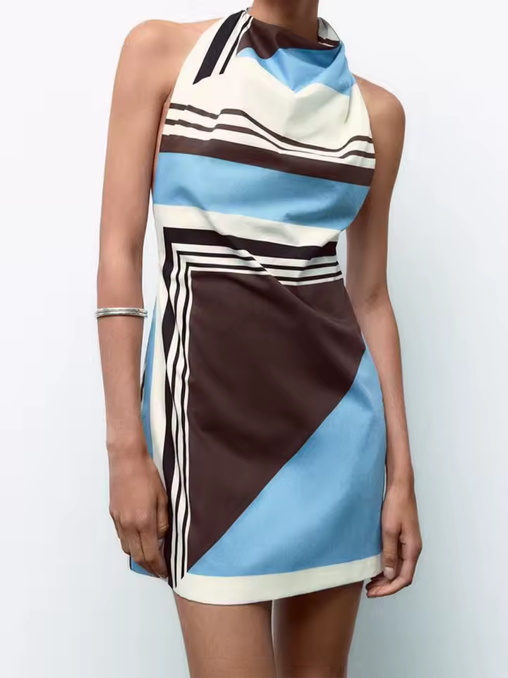Elegant Neck-mounted Sleeveless Contrast Striped Poplin Mini Dress