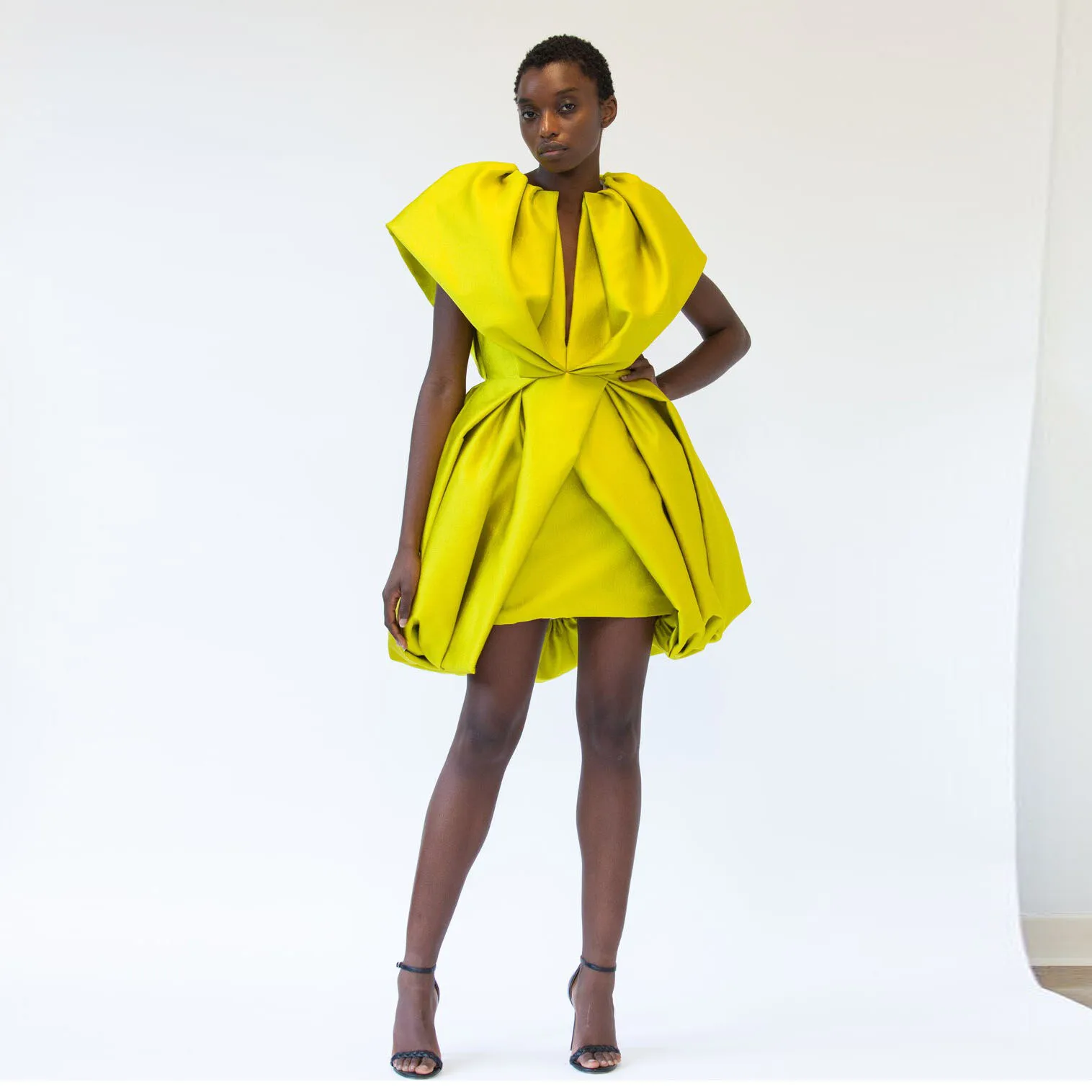 Elegant O-Neck Draped Satin Solid Puff Short Sleeves Pleated Pullover Mini Dress - Image 2