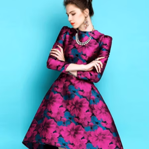 Elegant O-Neck Embroidery Long Sleeve Asymmetrical Boho Floral Jacquard Mini Dress