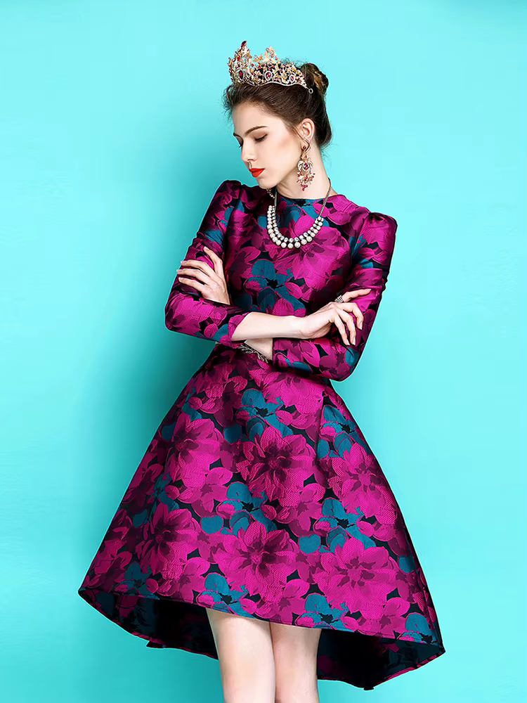 Elegant O-Neck Embroidery Long Sleeve Asymmetrical Boho Floral Jacquard Mini Dress