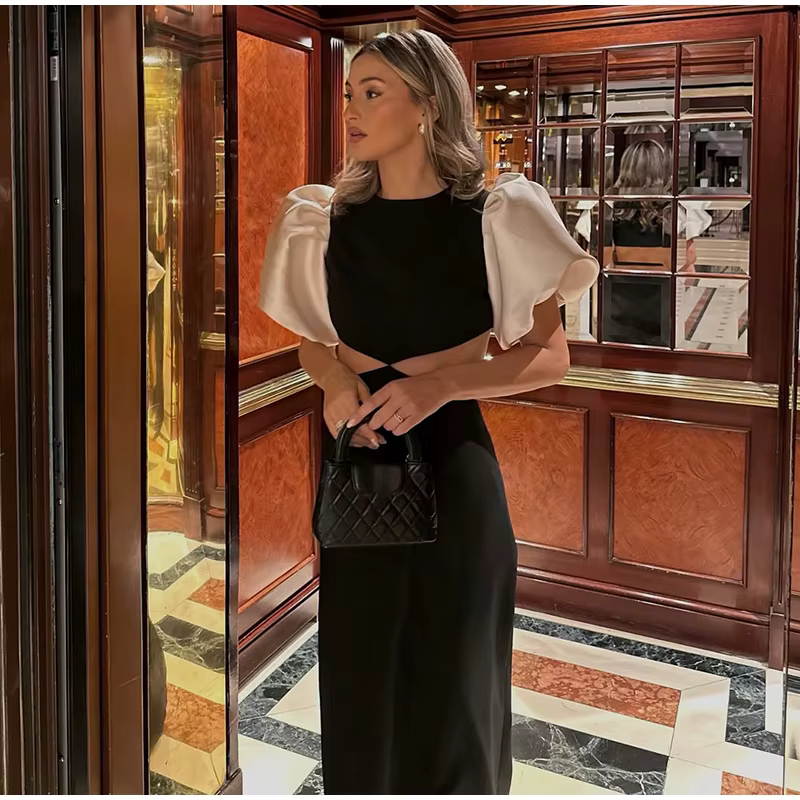 Elegant O-Neck Puff Sleeve Hollow Out Waist Short Sleeved Long Evening Gowns