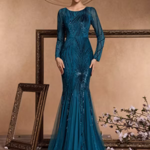 Elegant O-Neck Sequin Floor-Length Long Sleeves Maxi Prom Dress