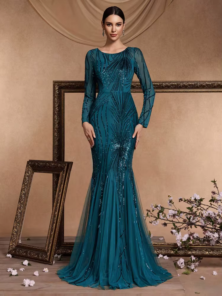 Elegant O-Neck Sequin Floor-Length Long Sleeves Maxi Prom Dress
