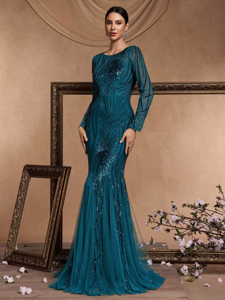 Elegant O-Neck Sequin Floor-Length Long Sleeves Maxi Prom Dress - Image 3