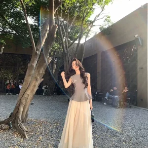 Elegant O-Neck Solid Sleeveless zipper OL Top Long Skirt Two Piece Sets