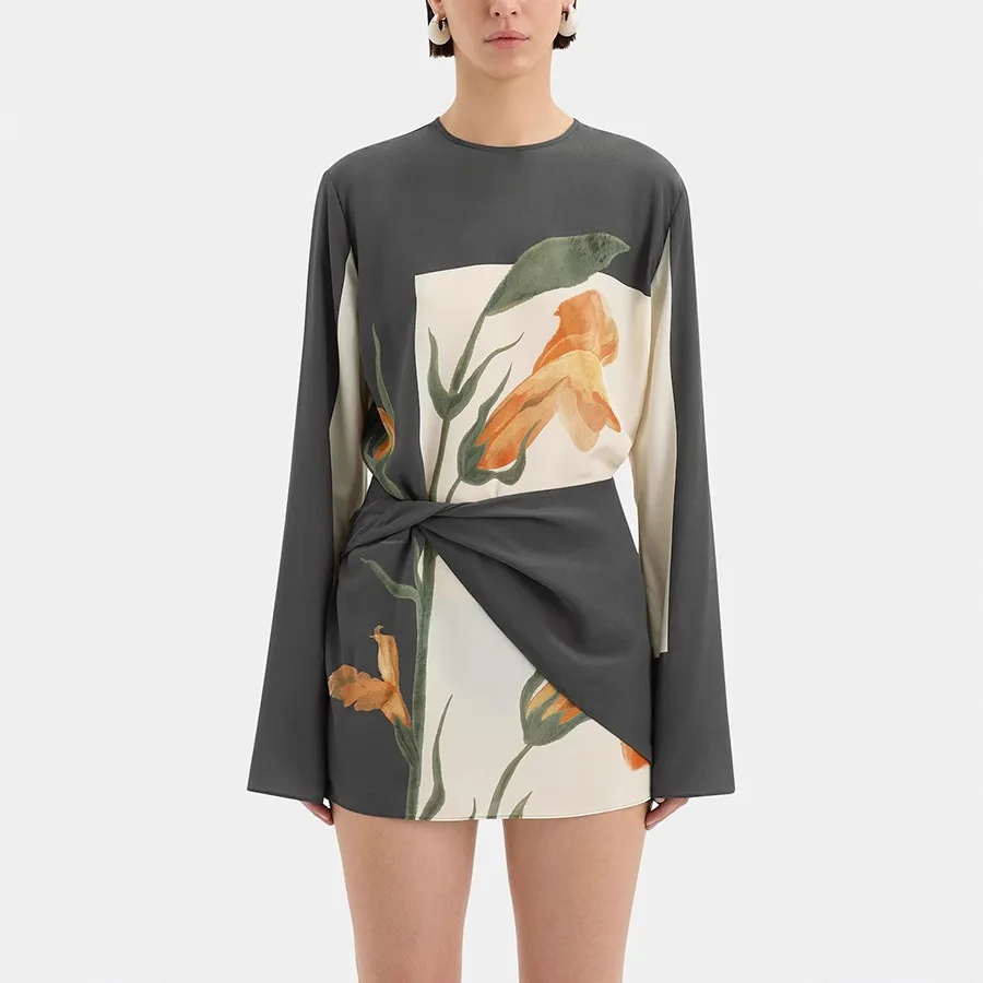 Elegant O-neck Floral Patchwork Long Sleeve Loose Mini Dress