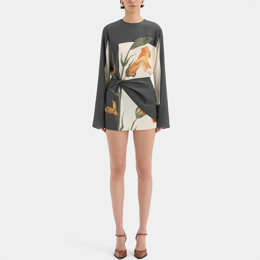 Elegant O-neck Floral Patchwork Long Sleeve Loose Mini Dress - Image 2