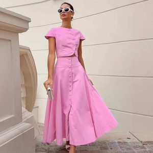 Elegant O-neck Single Breasted Short Sleeve Short Top Button Wide Leg Skirts