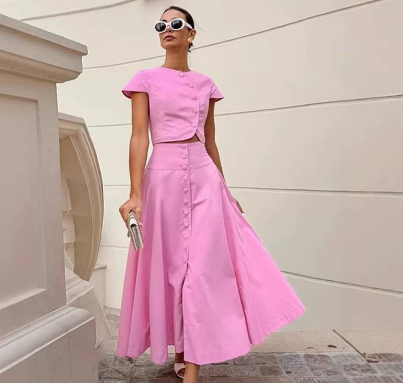 Elegant O-neck Single Breasted Short Sleeve Short Top Button Wide Leg Skirts