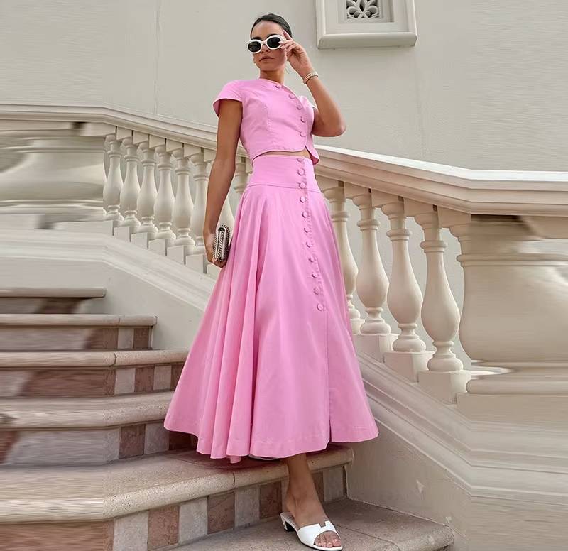 Elegant O-neck Single Breasted Short Sleeve Short Top Button Wide Leg Skirts - Image 6