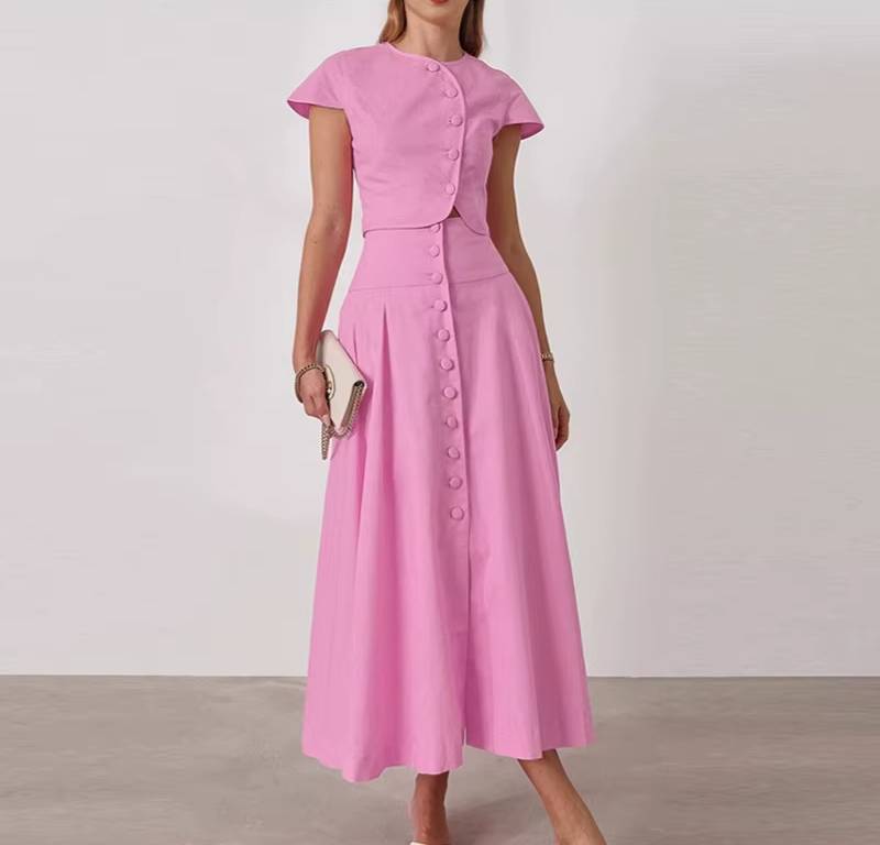 Elegant O-neck Single Breasted Short Sleeve Short Top Button Wide Leg Skirts - Image 7