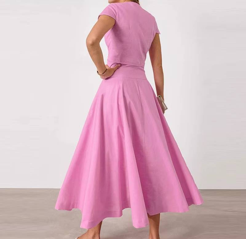 Elegant O-neck Single Breasted Short Sleeve Short Top Button Wide Leg Skirts - Image 9